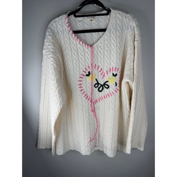 NEW POL Cream Embroidered Pink Heart Soft Sweater Oversized Size M Valentine - Picture 3 of 6
